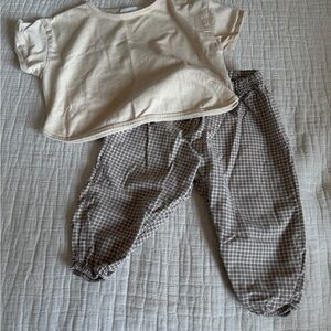 Cream Top and Brown Checkered Pants Set